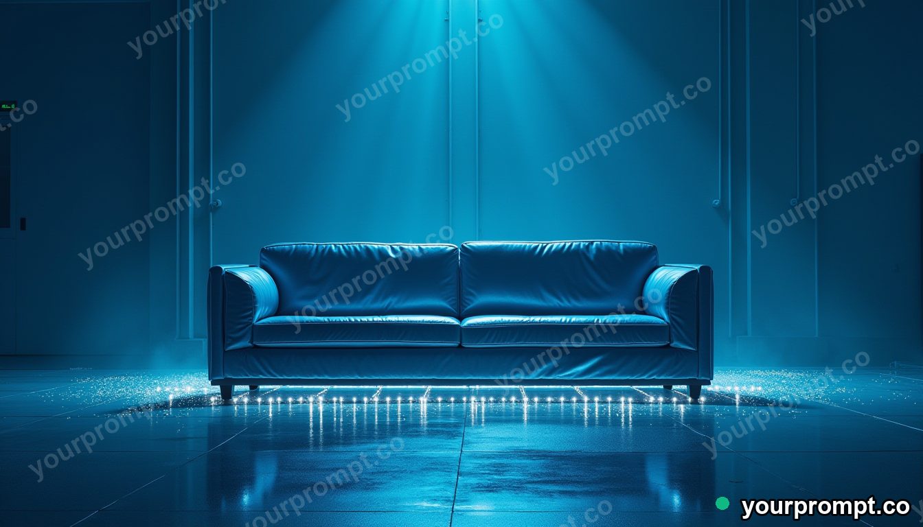 Mirror-tile couch leaking tiny particles of white light on a blue-lit loading dock · premium material editorial — AI-generated image