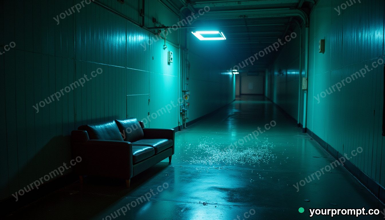 Mirror-tile couch leaking tiny particles of white light on a blue-lit loading dock · analog empty archive — AI-generated image