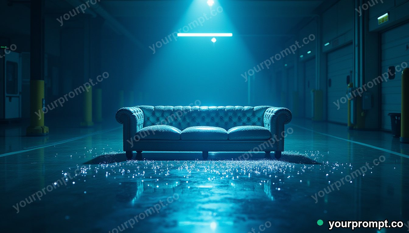 Mirror-tile couch leaking tiny particles of white light on a blue-lit loading dock · impossible physics surreal — AI-generated image