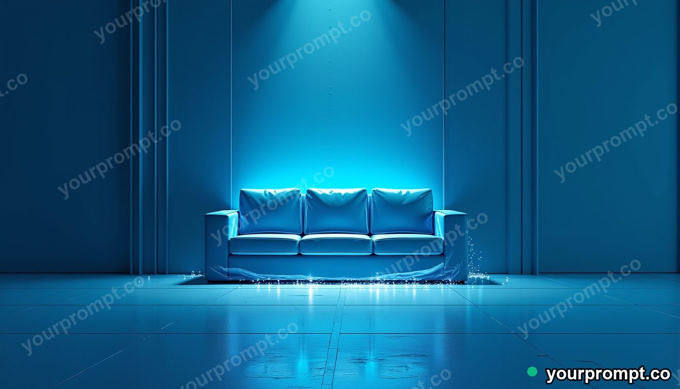 Mirror-tile couch leaking tiny particles of white light on a blue-lit loading dock · minimal graphic geometry — AI-generated image