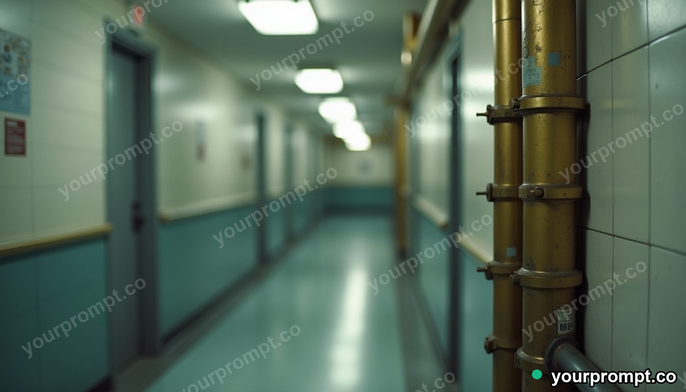 Brass ventilation pipe pressed into a wall like a shallow relief inside a quiet municipal hallway — 5 AI style variations of one prompt