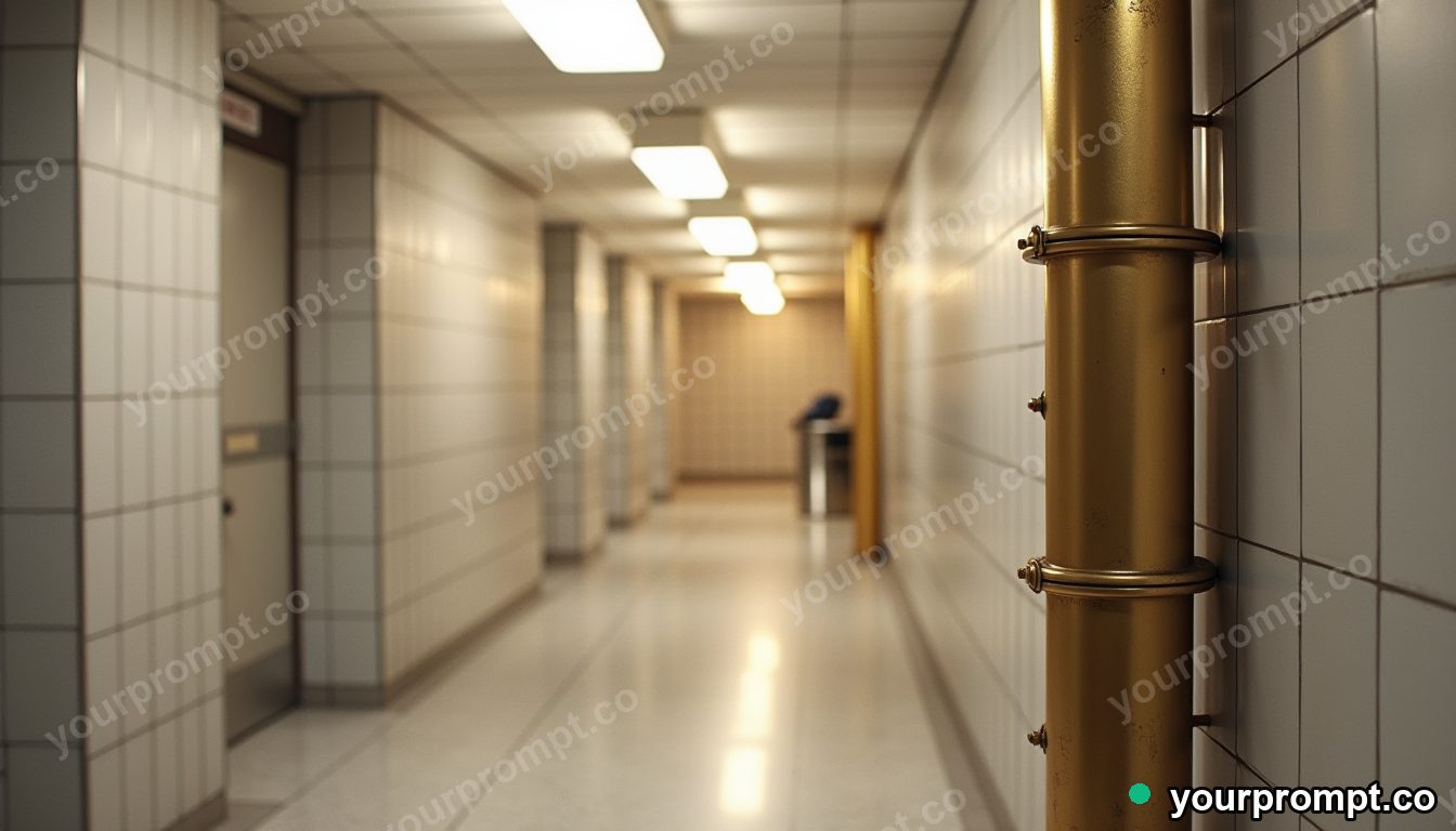 Brass ventilation pipe pressed into a wall like a shallow relief inside a quiet municipal hallway · premium material editorial — AI-generated image