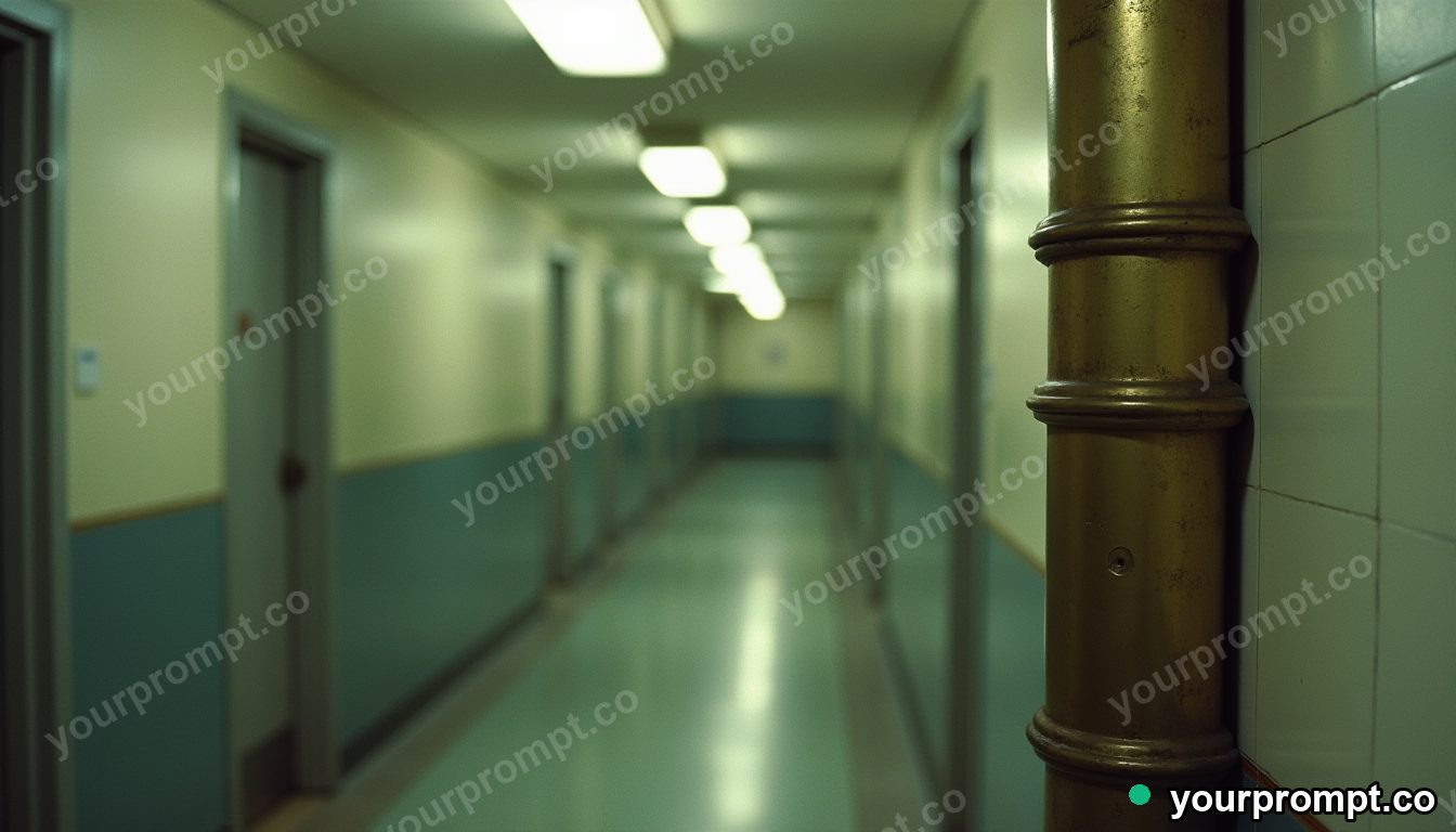 Brass ventilation pipe pressed into a wall like a shallow relief inside a quiet municipal hallway · analog empty archive — AI-generated image