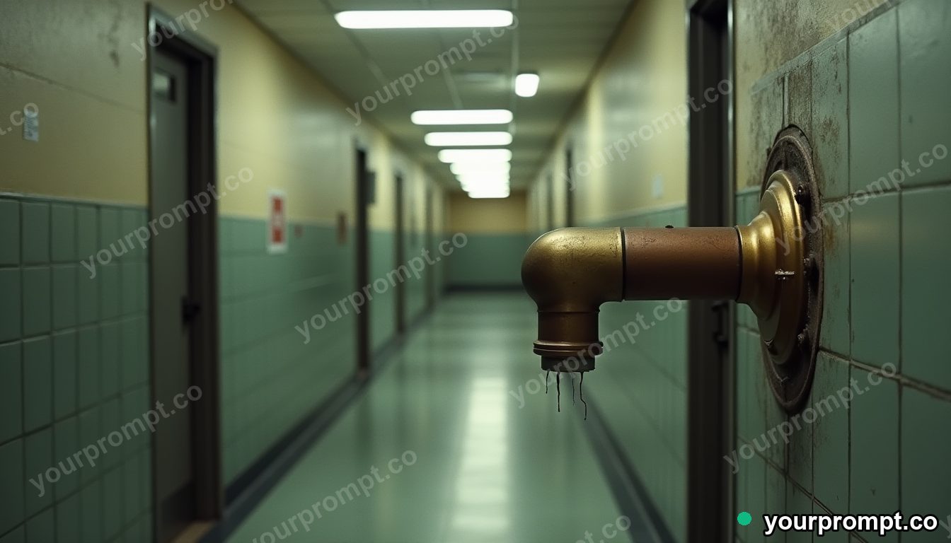 Brass ventilation pipe pressed into a wall like a shallow relief inside a quiet municipal hallway · impossible physics surreal — AI-generated image