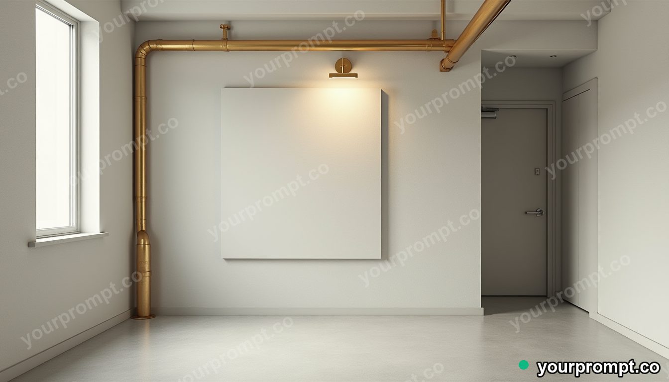 Brass ventilation pipe pressed into a wall like a shallow relief inside a quiet municipal hallway · minimal graphic geometry — AI-generated image