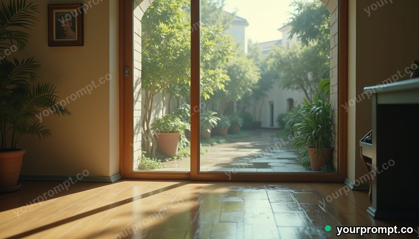 Glass curtain rail covered with rain only on one side in a sun-bleached courtyard — 5 AI style variations of one prompt