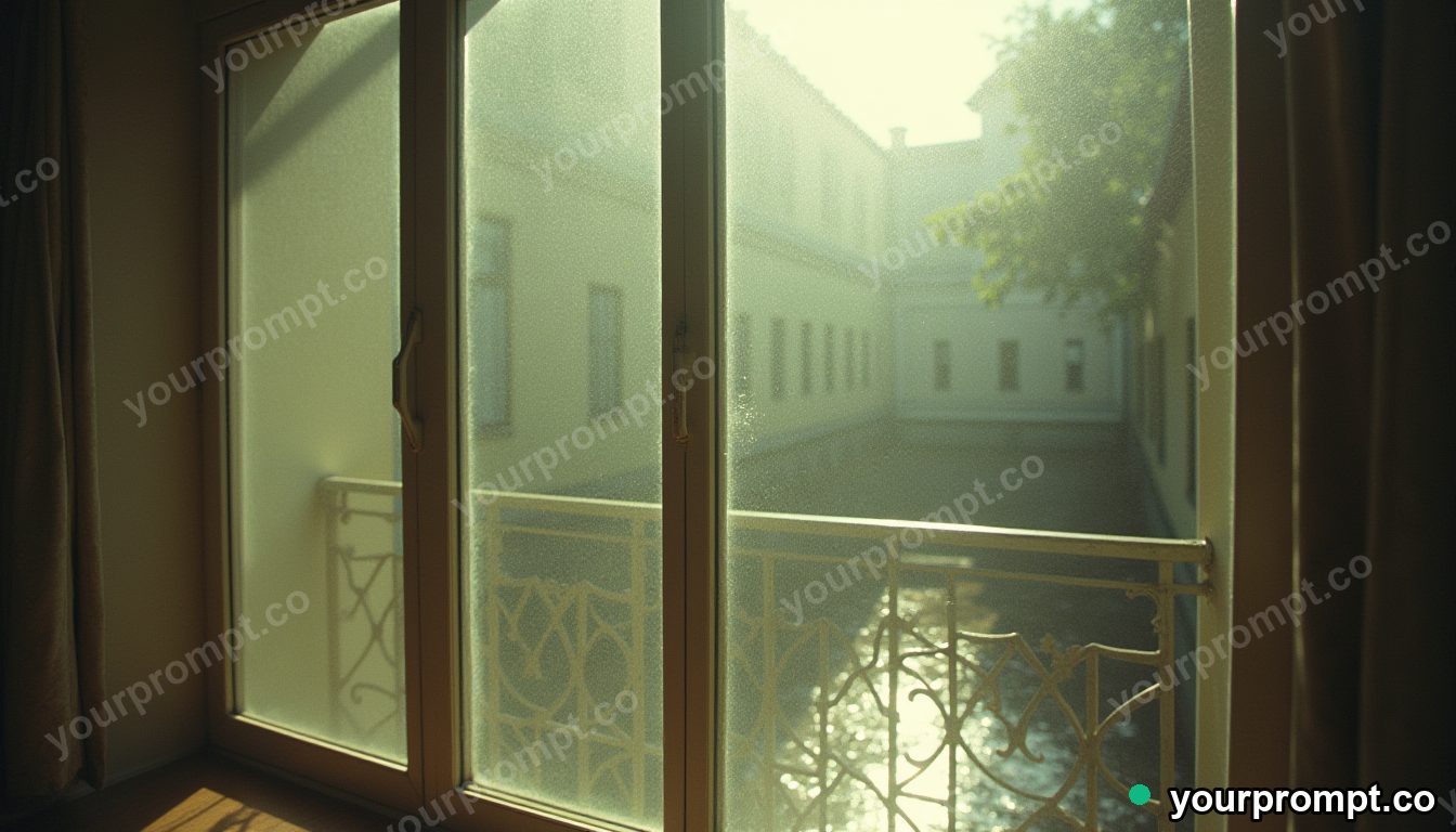 Glass curtain rail covered with rain only on one side in a sun-bleached courtyard · analog empty archive — AI-generated image
