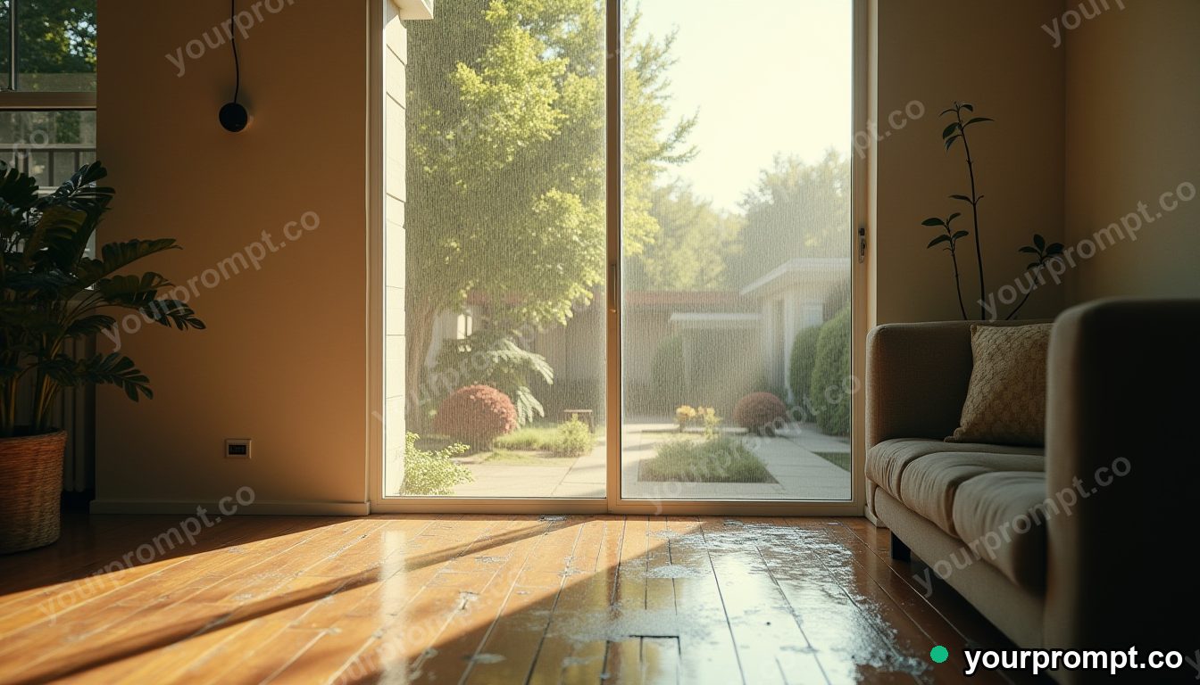 Glass curtain rail covered with rain only on one side in a sun-bleached courtyard · impossible physics surreal — AI-generated image