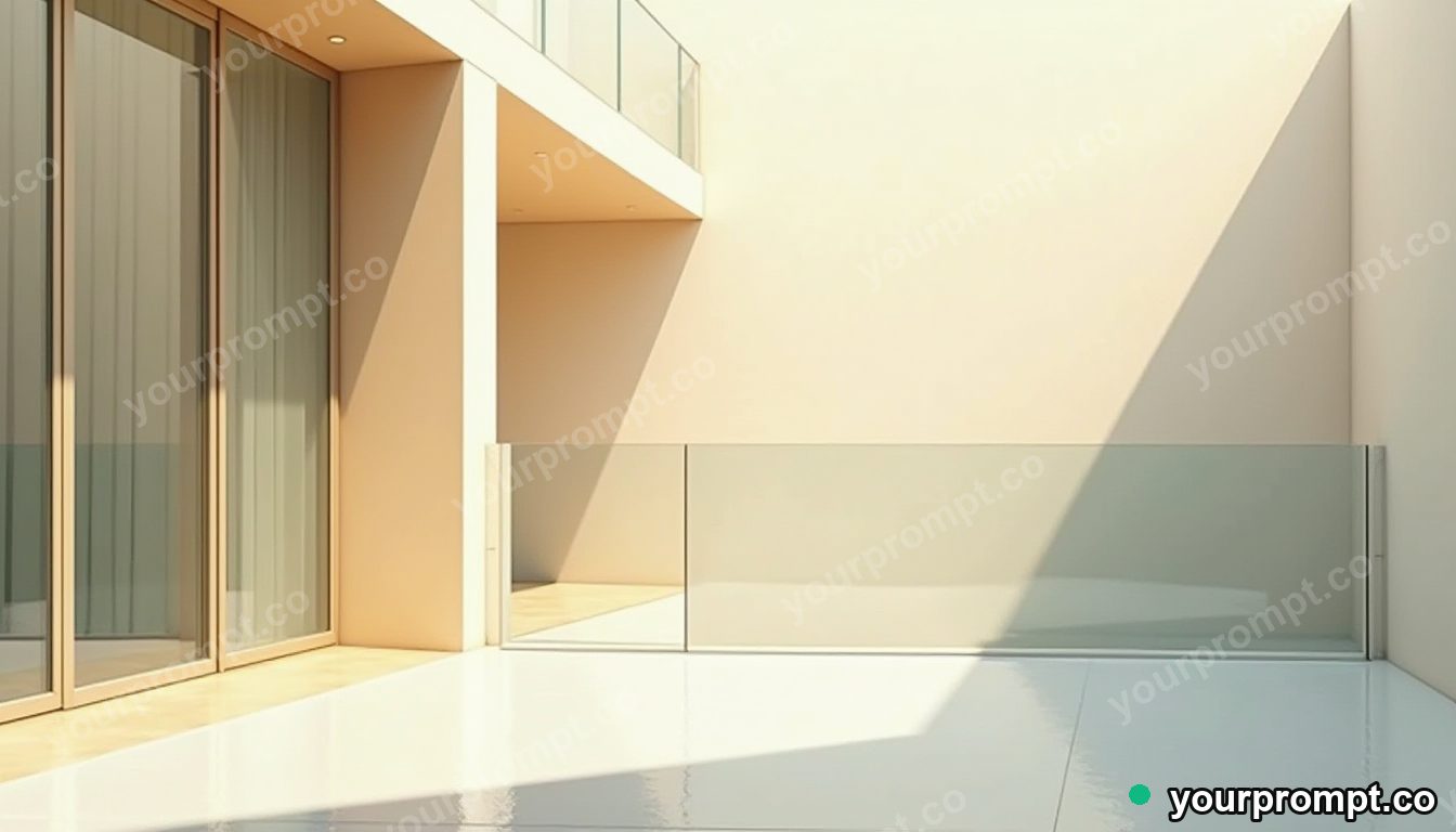 Glass curtain rail covered with rain only on one side in a sun-bleached courtyard · minimal graphic geometry — AI-generated image