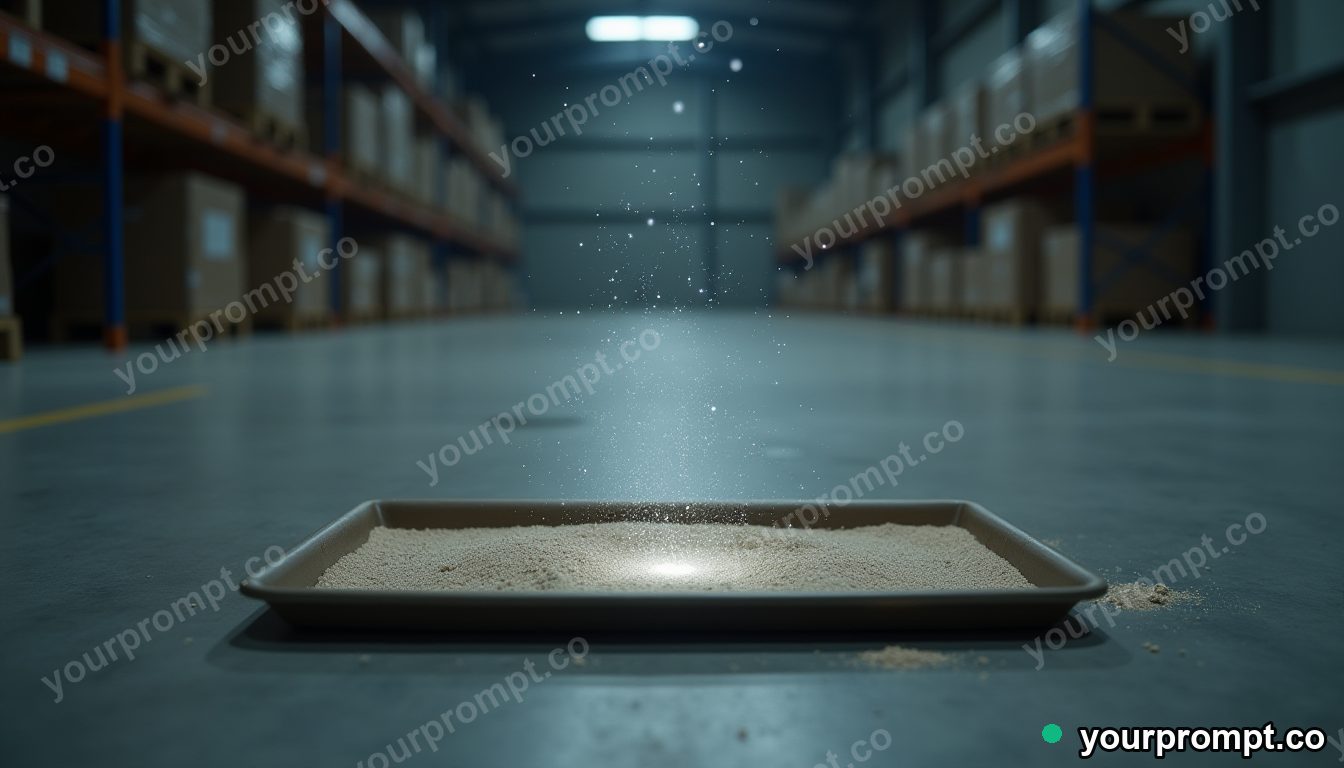 Magnetic sand tray leaking tiny particles of white light inside a quiet warehouse — 5 AI style variations of one prompt