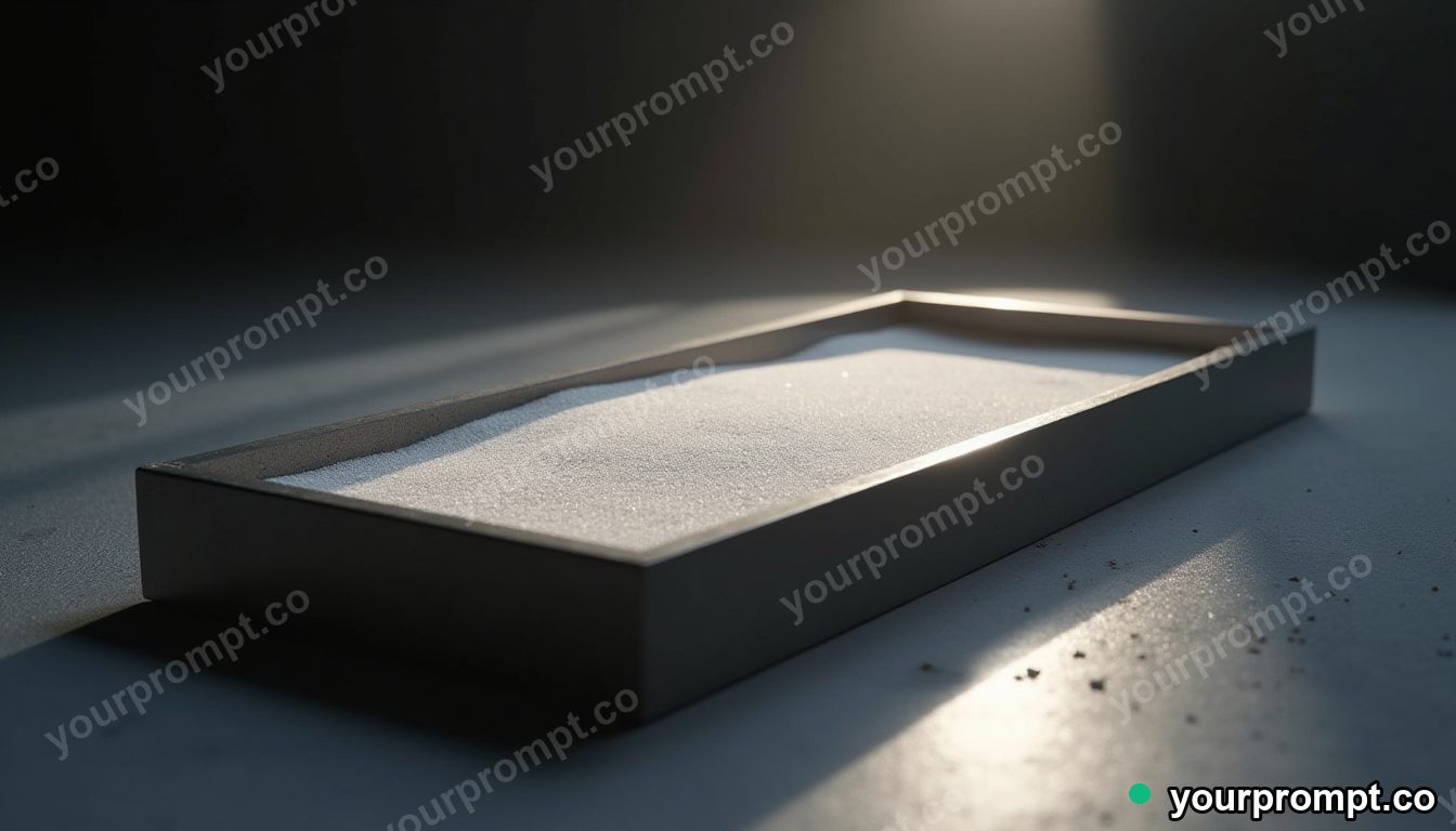 Magnetic sand tray leaking tiny particles of white light inside a quiet warehouse · premium material editorial — AI-generated image