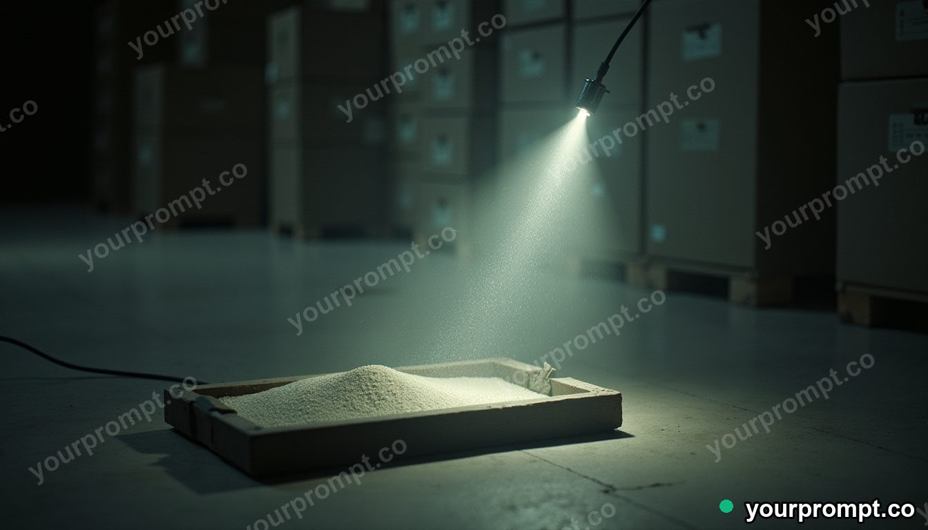 Magnetic sand tray leaking tiny particles of white light inside a quiet warehouse · analog empty archive — AI-generated image