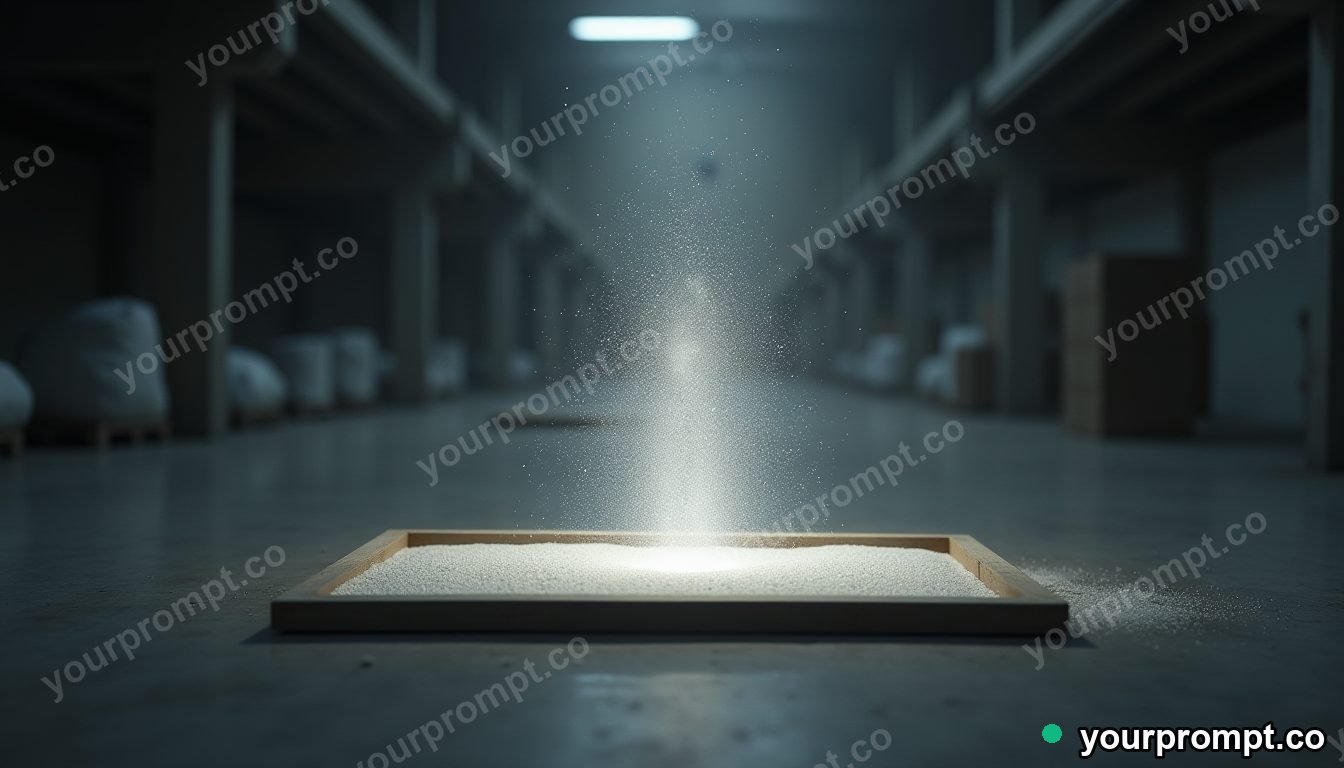 Magnetic sand tray leaking tiny particles of white light inside a quiet warehouse · impossible physics surreal — AI-generated image