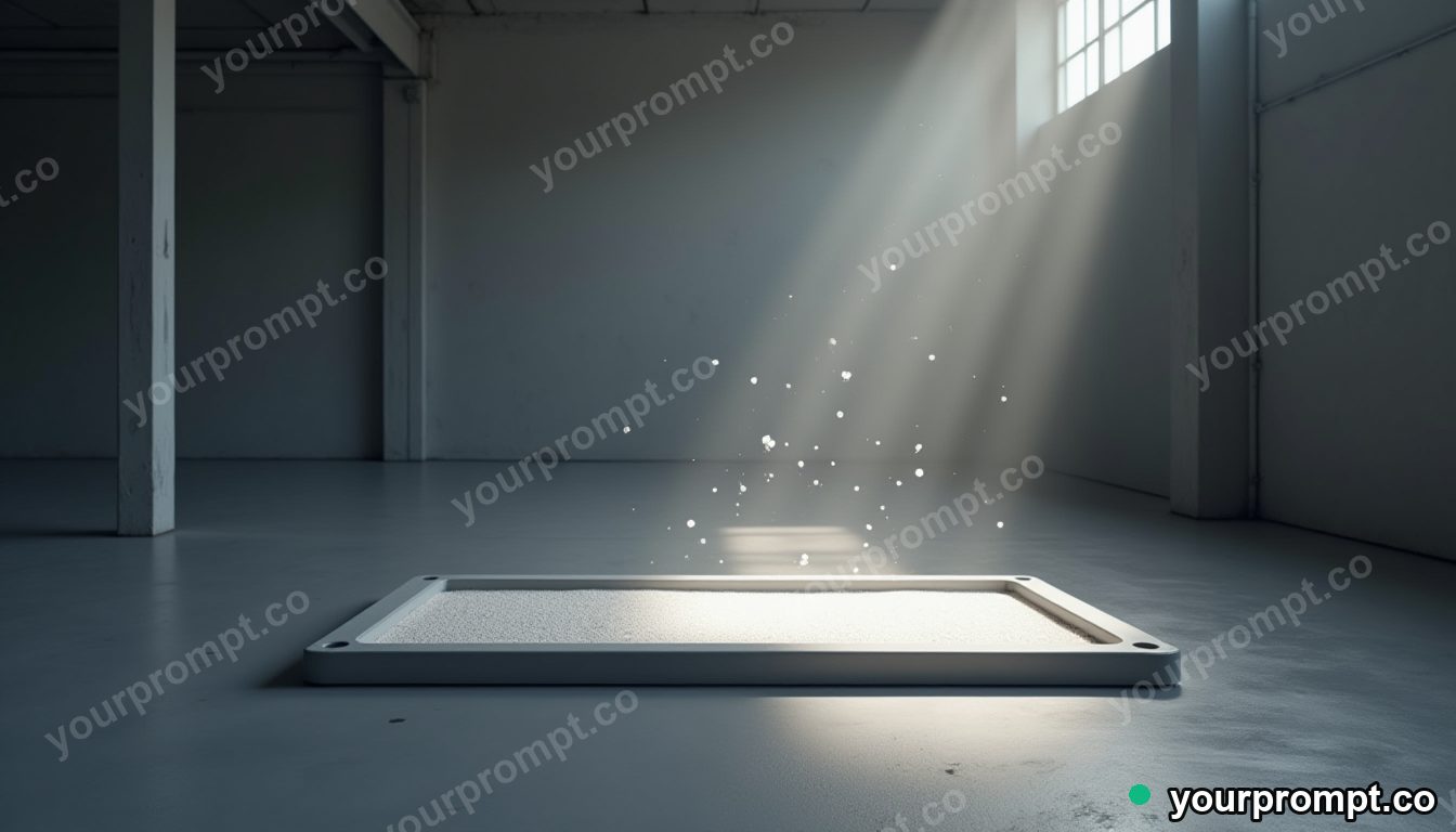 Magnetic sand tray leaking tiny particles of white light inside a quiet warehouse · minimal graphic geometry — AI-generated image