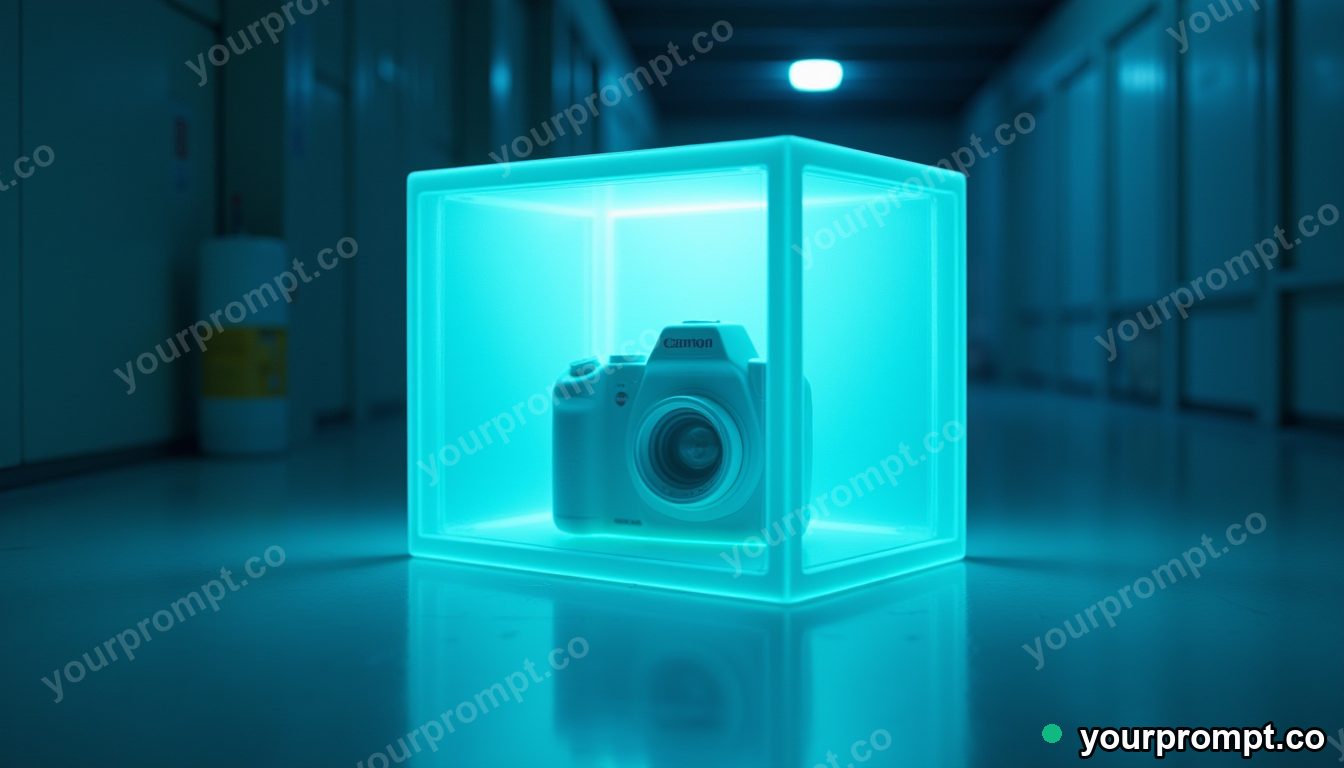 Porcelain camera shell sealed inside a transparent cube on a blue-lit loading dock — 5 AI style variations of one prompt