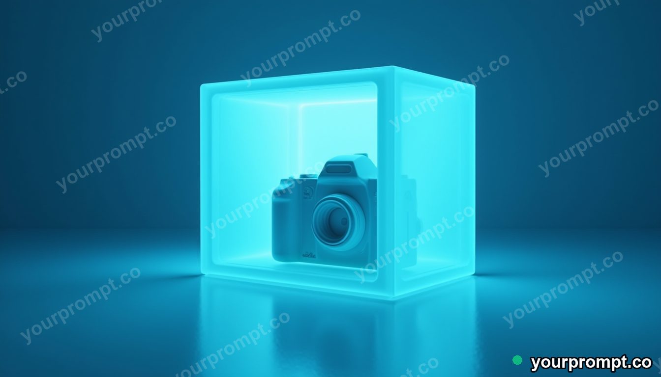 Porcelain camera shell sealed inside a transparent cube on a blue-lit loading dock · premium material editorial — AI-generated image