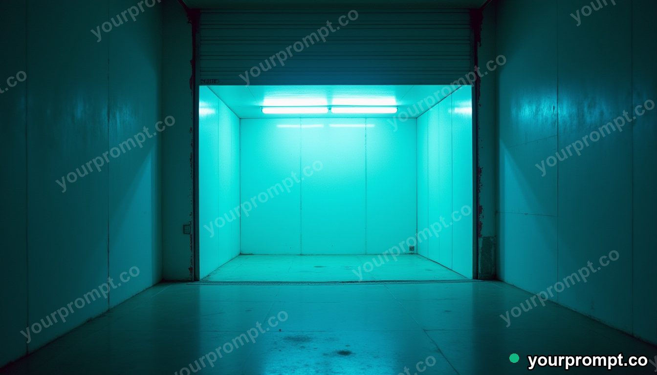 Porcelain camera shell sealed inside a transparent cube on a blue-lit loading dock · analog empty archive — AI-generated image
