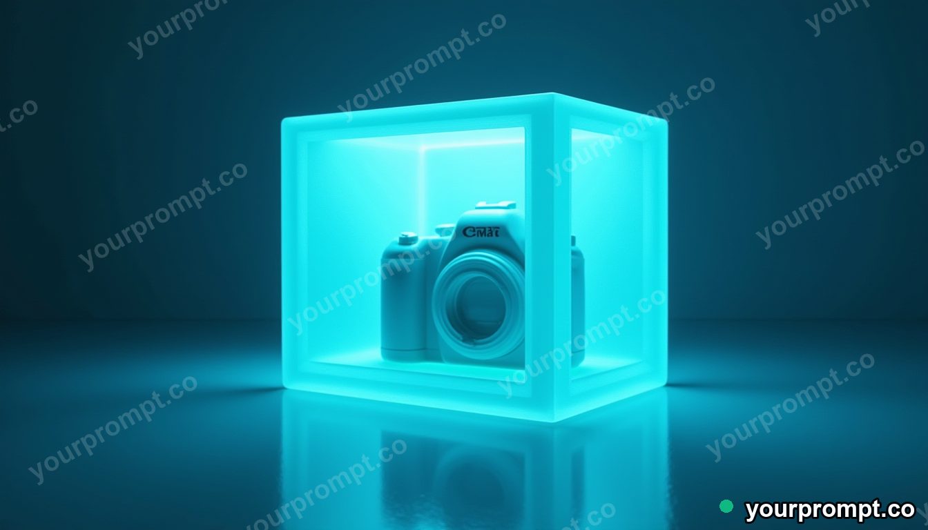 Porcelain camera shell sealed inside a transparent cube on a blue-lit loading dock · impossible physics surreal — AI-generated image