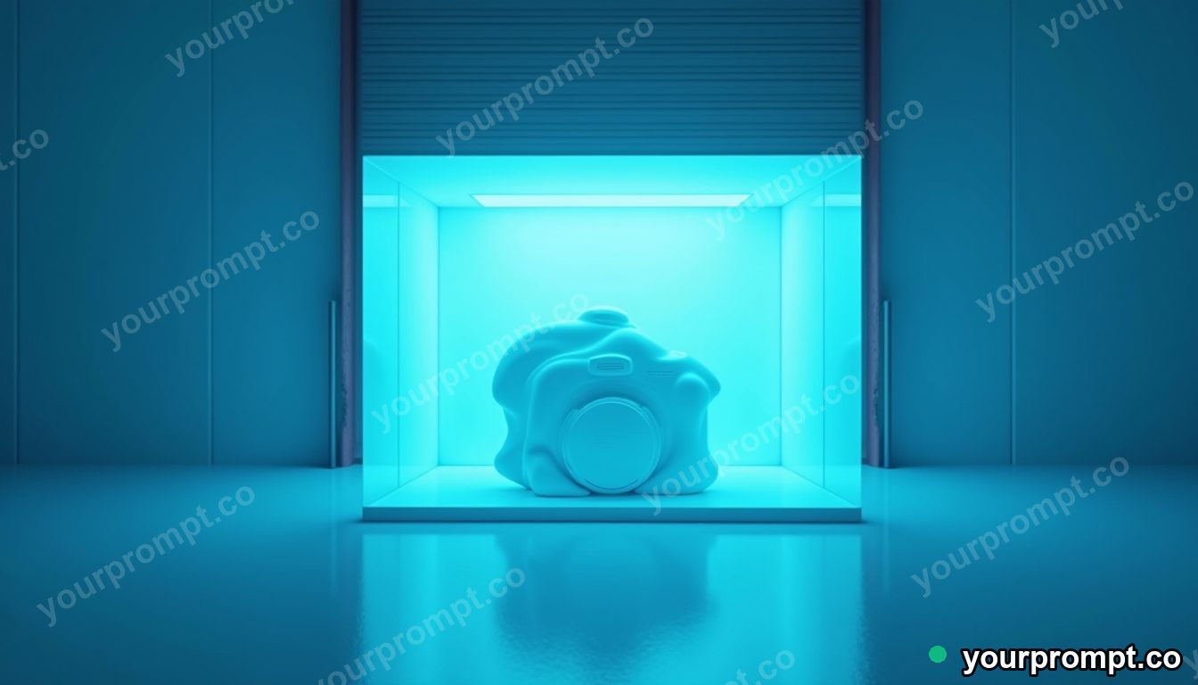 Porcelain camera shell sealed inside a transparent cube on a blue-lit loading dock · minimal graphic geometry — AI-generated image