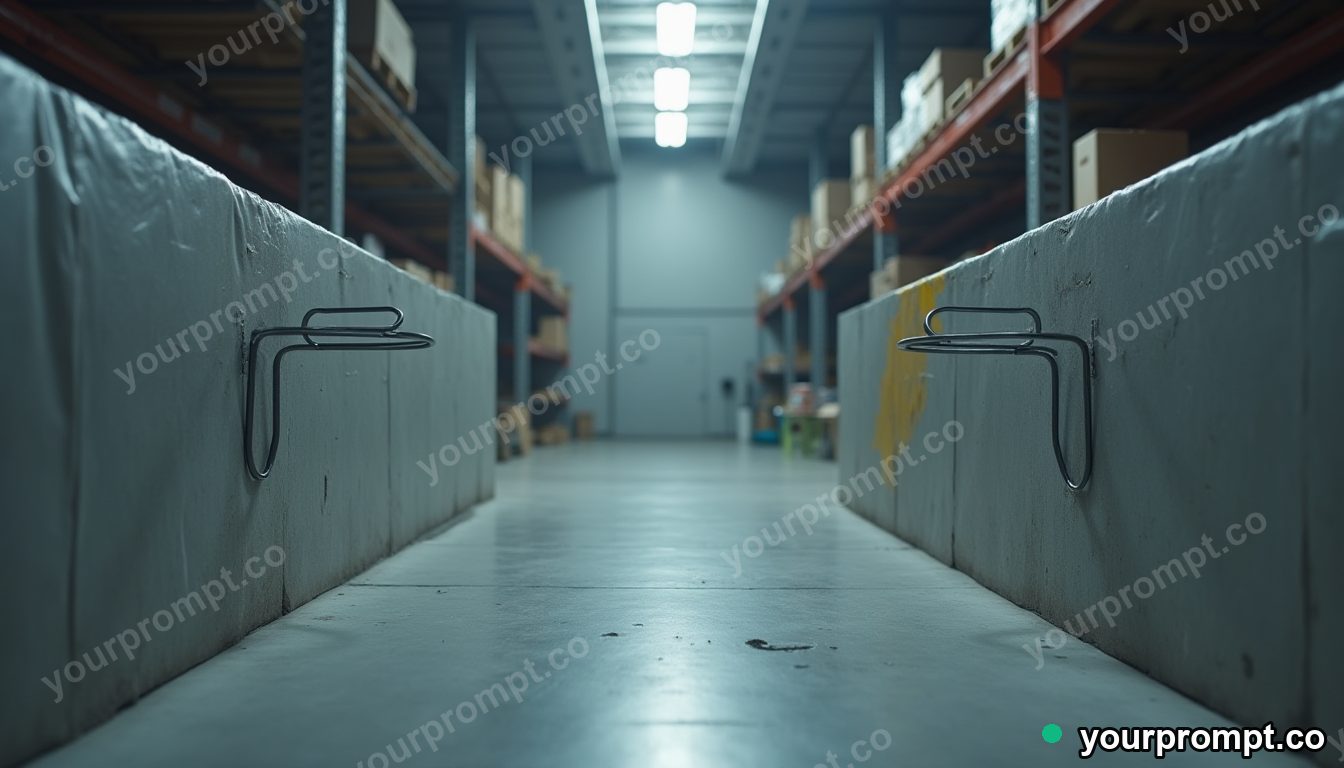Paperclip bridge section pressed into a wall like a shallow relief inside a quiet warehouse — 5 AI style variations of one prompt