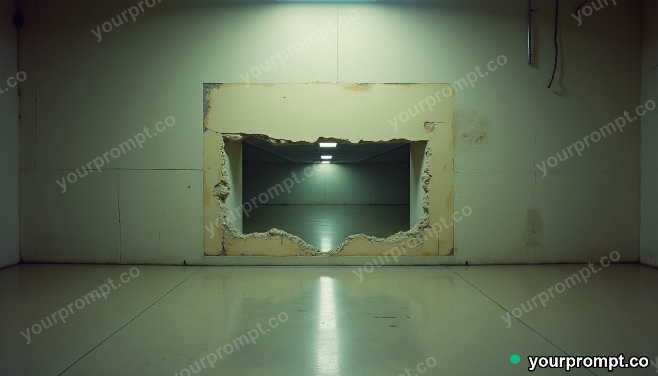 Paperclip bridge section pressed into a wall like a shallow relief inside a quiet warehouse · analog empty archive — AI-generated image