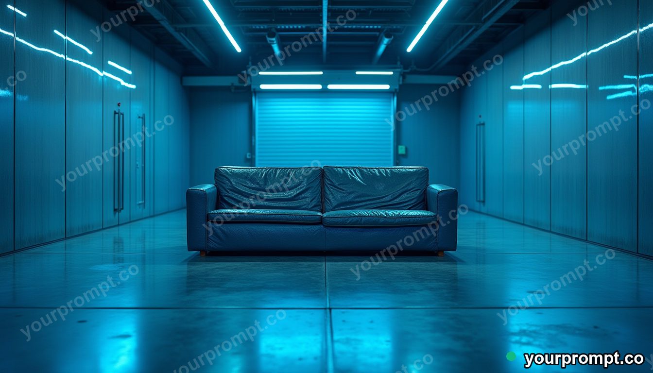 Mirror-tile couch surrounded by thin rings of blue light on a blue-lit loading dock — 5 AI style variations of one prompt