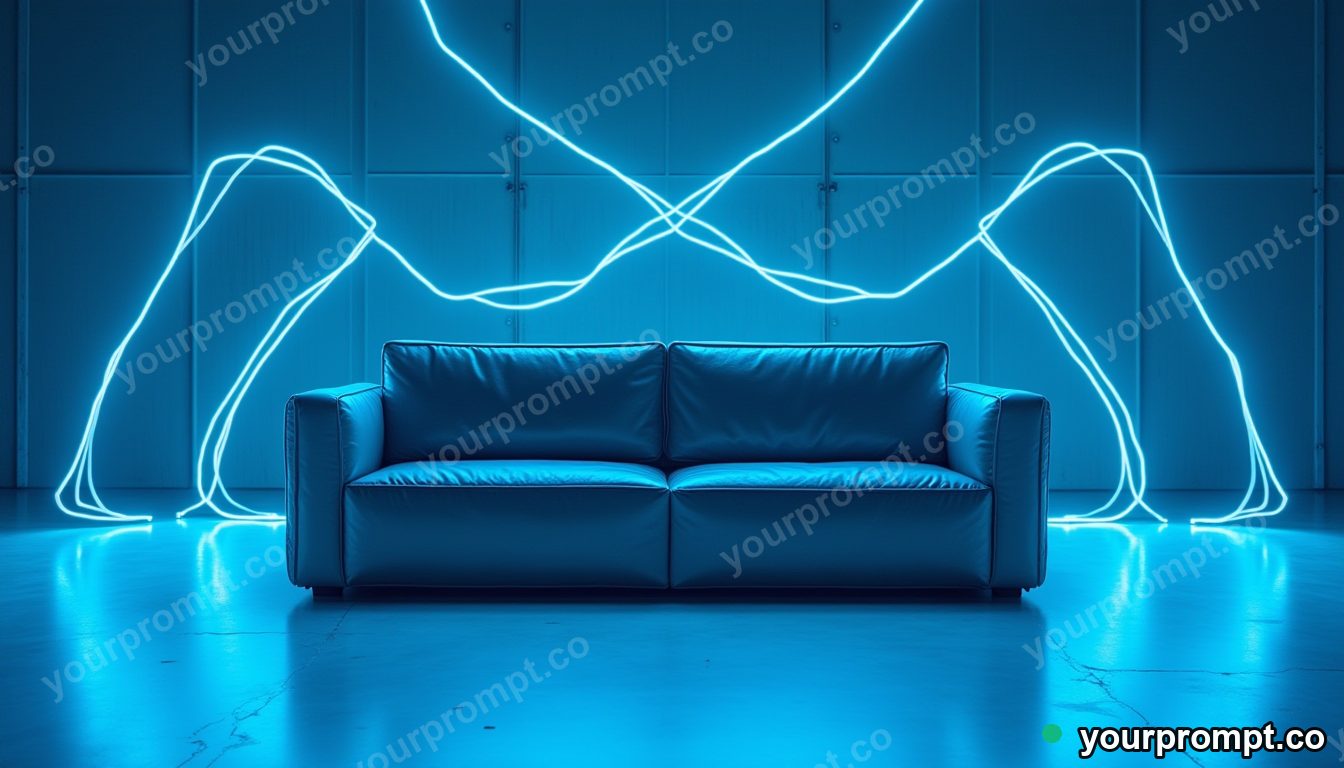Mirror-tile couch surrounded by thin rings of blue light on a blue-lit loading dock · premium material editorial — AI-generated image