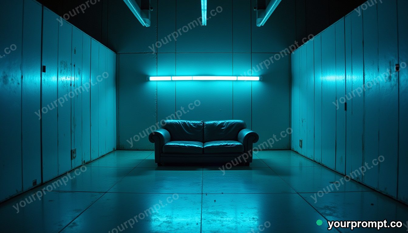 Mirror-tile couch surrounded by thin rings of blue light on a blue-lit loading dock · analog empty archive — AI-generated image