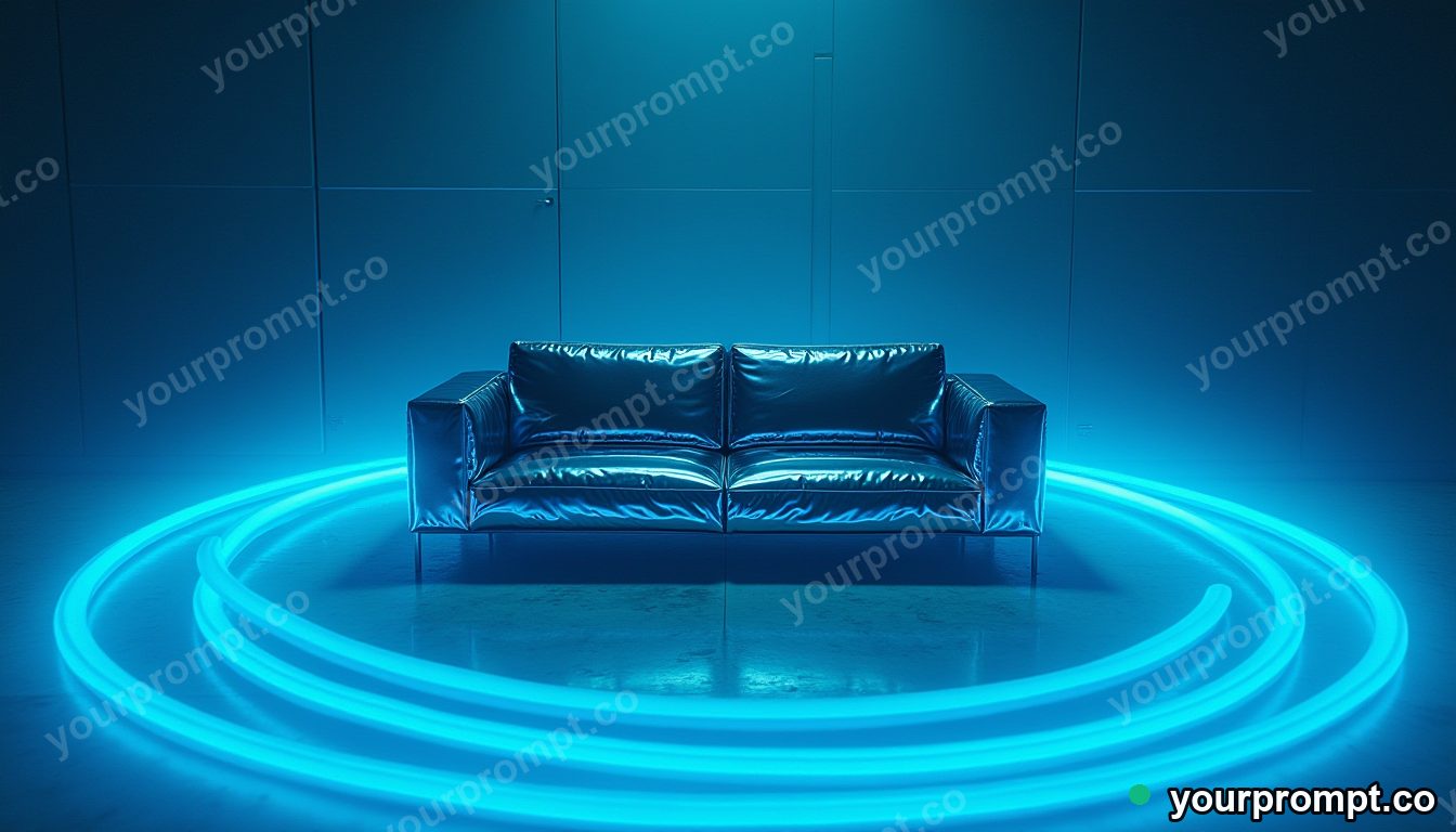 Mirror-tile couch surrounded by thin rings of blue light on a blue-lit loading dock · impossible physics surreal — AI-generated image