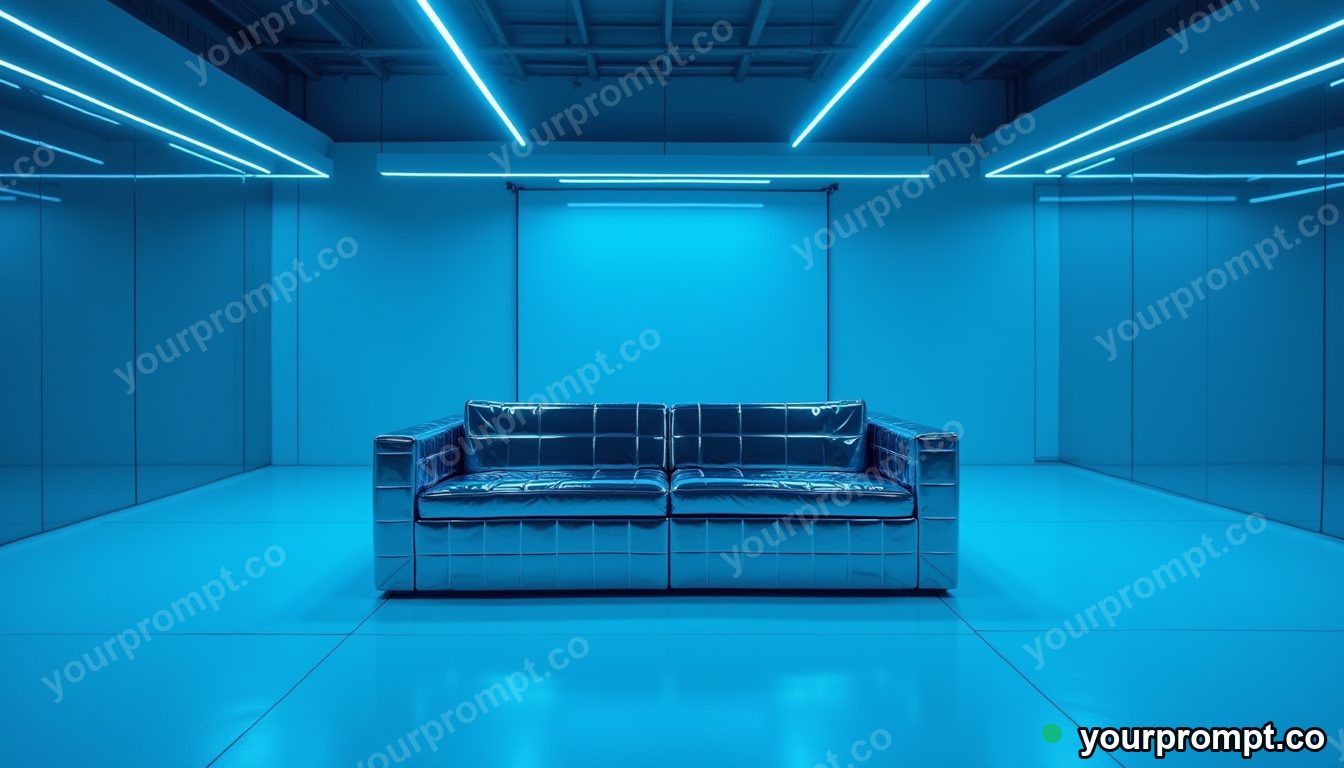 Mirror-tile couch surrounded by thin rings of blue light on a blue-lit loading dock · minimal graphic geometry — AI-generated image