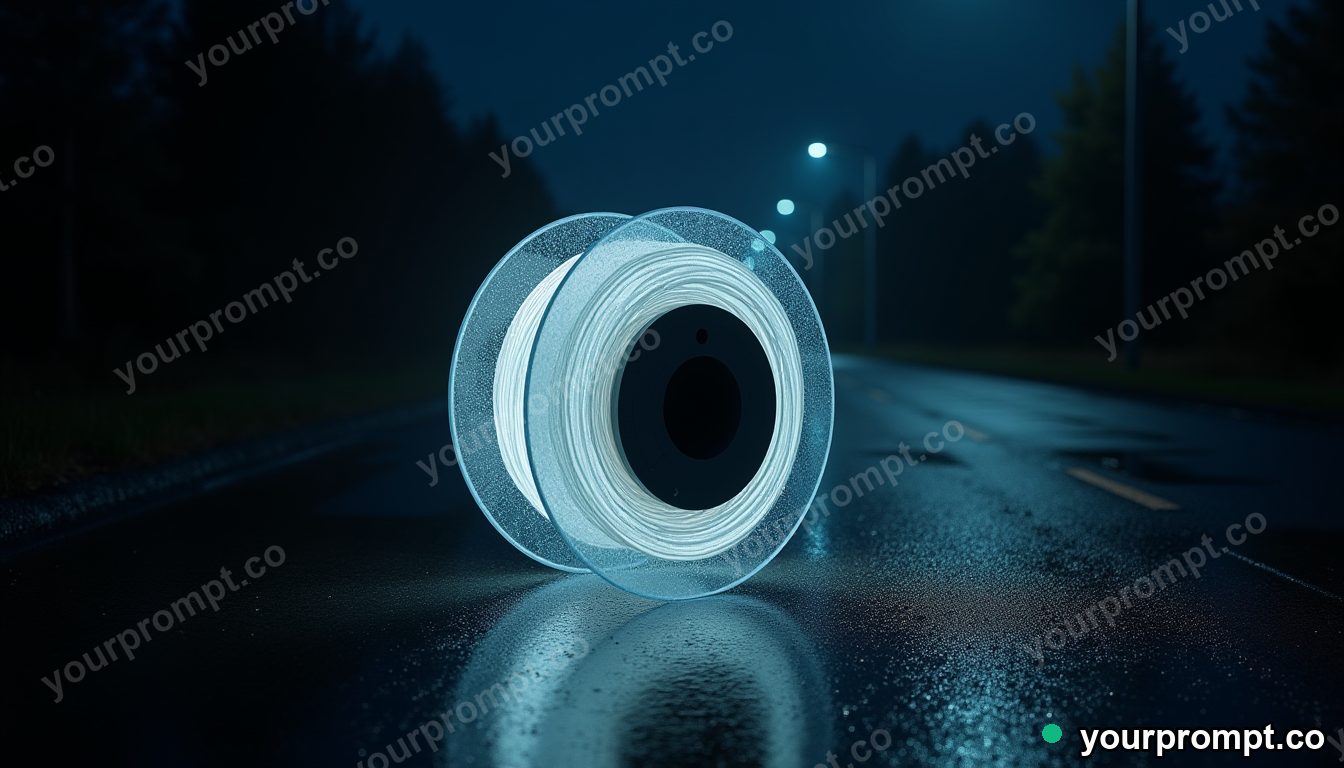 Transparent cable spool outlined by condensation on wet black asphalt at night — 5 AI style variations of one prompt