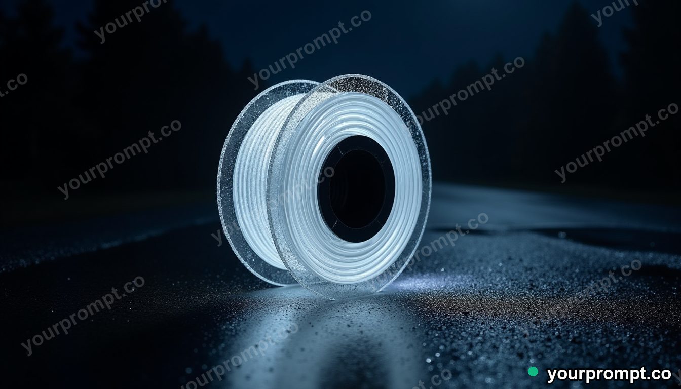 Transparent cable spool outlined by condensation on wet black asphalt at night · premium material editorial — AI-generated image