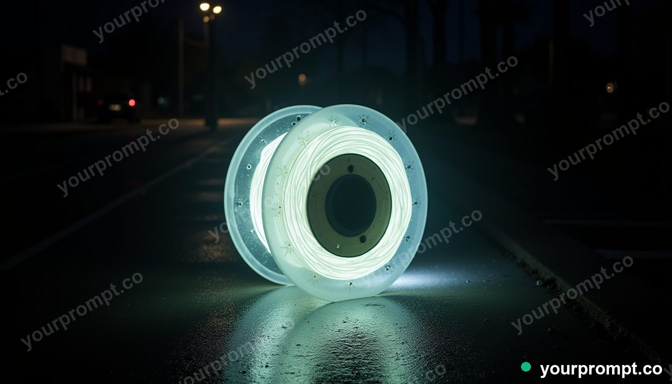 Transparent cable spool outlined by condensation on wet black asphalt at night · analog empty archive — AI-generated image