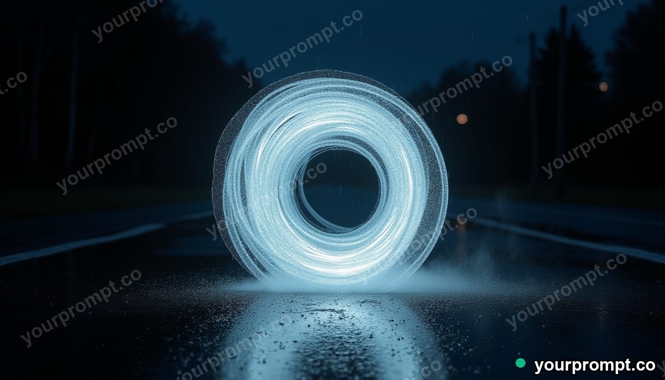 Transparent cable spool outlined by condensation on wet black asphalt at night · impossible physics surreal — AI-generated image