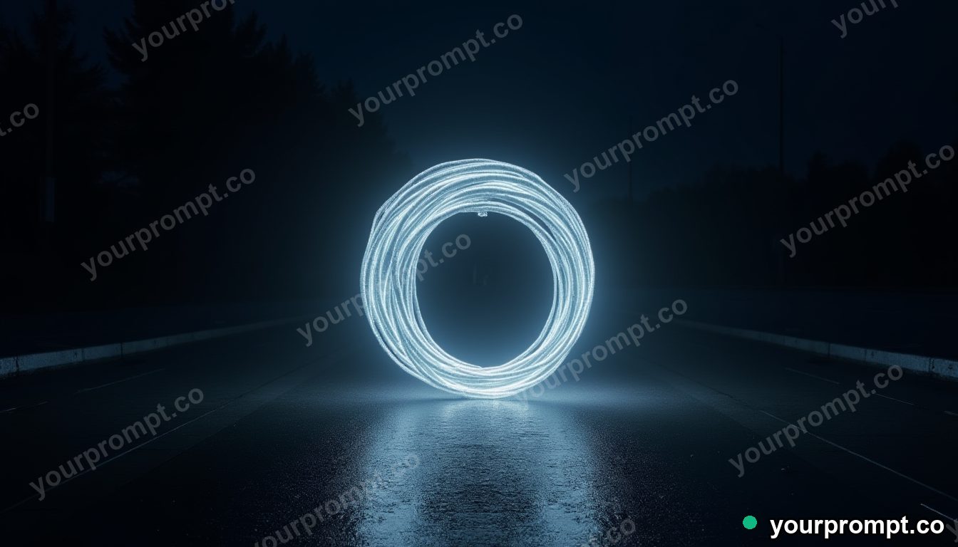 Transparent cable spool outlined by condensation on wet black asphalt at night · minimal graphic geometry — AI-generated image