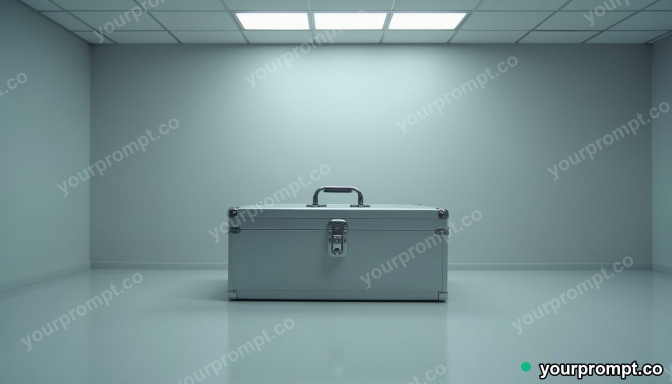 Silver toolbox folded through an impossible corner inside a blank office room — 5 AI style variations of one prompt