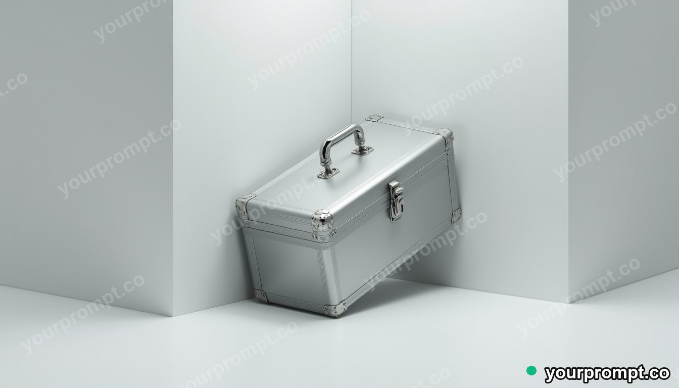 Silver toolbox folded through an impossible corner inside a blank office room · premium material editorial — AI-generated image