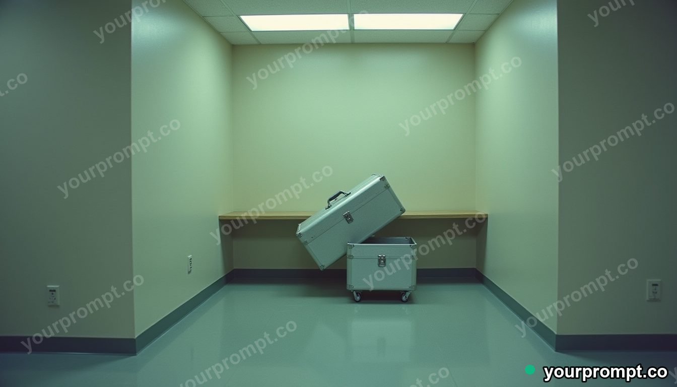 Silver toolbox folded through an impossible corner inside a blank office room · analog empty archive — AI-generated image