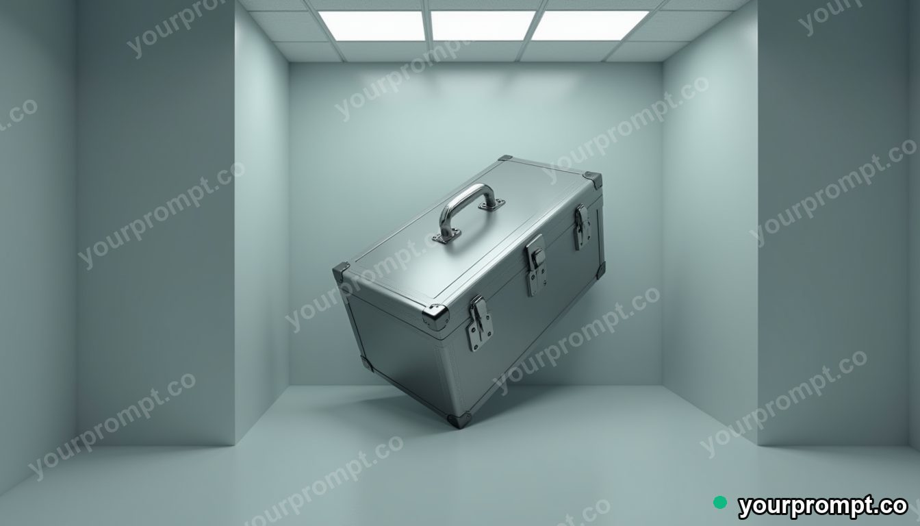 Silver toolbox folded through an impossible corner inside a blank office room · impossible physics surreal — AI-generated image