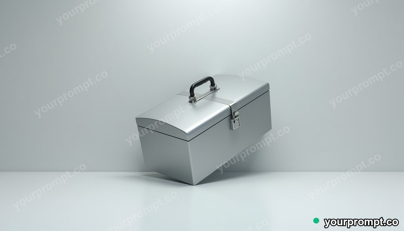 Silver toolbox folded through an impossible corner inside a blank office room · minimal graphic geometry — AI-generated image