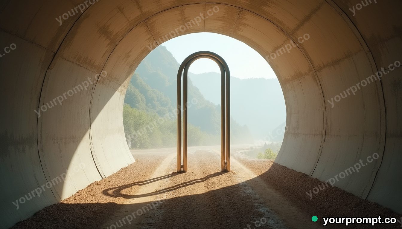 Paperclip bridge section standing in a circle of dry dust inside a concrete tunnel — 5 AI style variations of one prompt