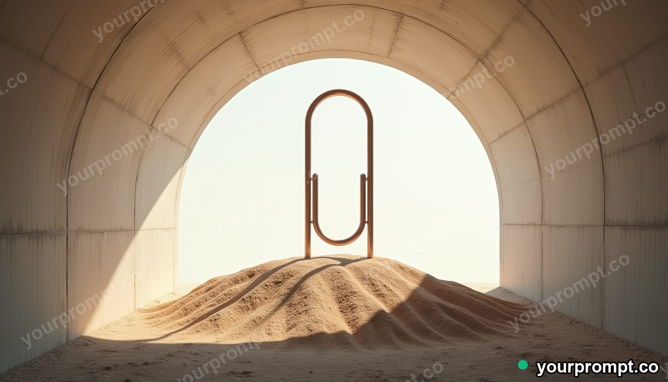 Paperclip bridge section standing in a circle of dry dust inside a concrete tunnel · premium material editorial — AI-generated image