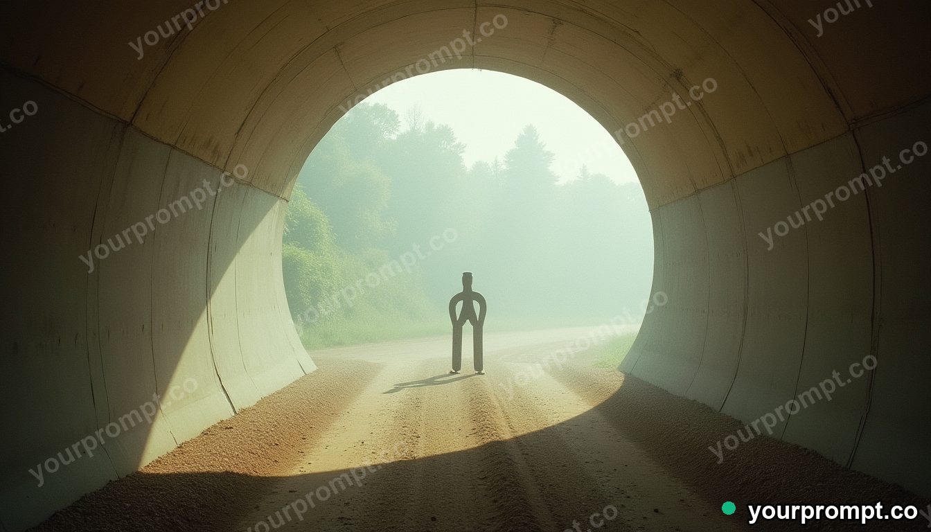 Paperclip bridge section standing in a circle of dry dust inside a concrete tunnel · analog empty archive — AI-generated image