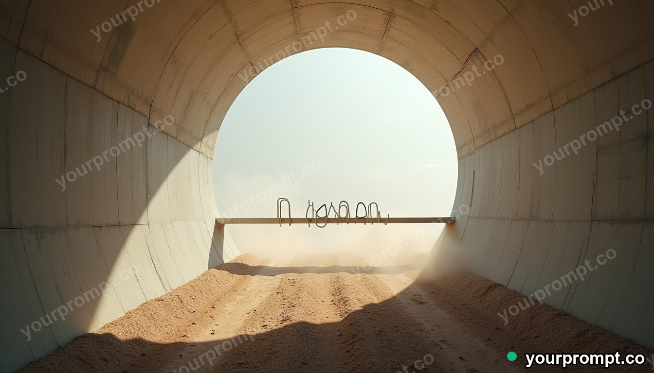 Paperclip bridge section standing in a circle of dry dust inside a concrete tunnel · impossible physics surreal — AI-generated image