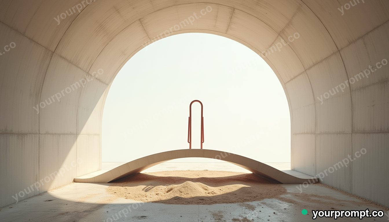 Paperclip bridge section standing in a circle of dry dust inside a concrete tunnel · minimal graphic geometry — AI-generated image