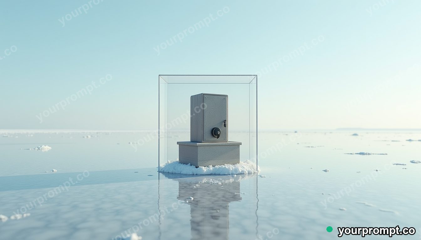 Rubber stamp cabinet sealed inside a transparent cube on a salt-flat horizon — 5 AI style variations of one prompt