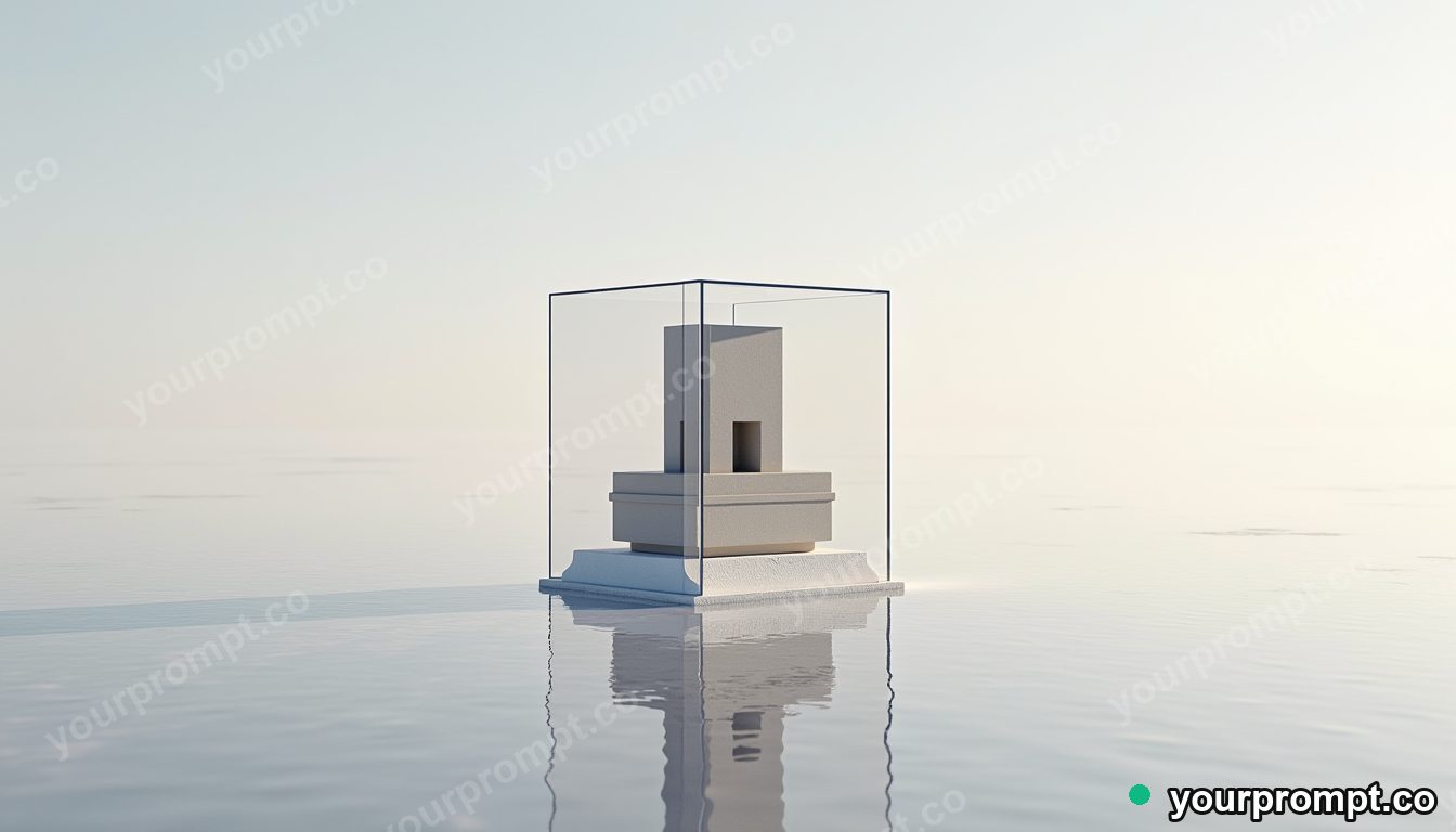Rubber stamp cabinet sealed inside a transparent cube on a salt-flat horizon · premium material editorial — AI-generated image