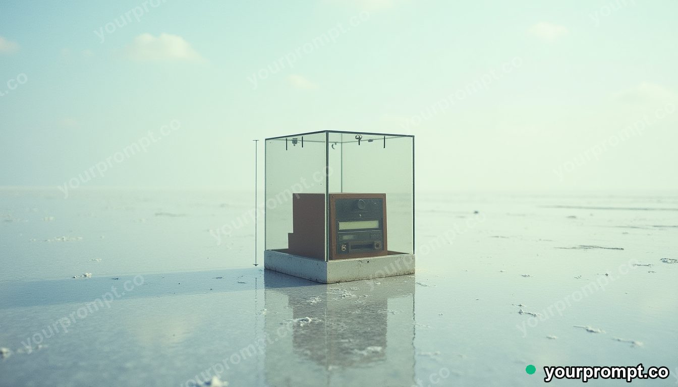 Rubber stamp cabinet sealed inside a transparent cube on a salt-flat horizon · analog empty archive — AI-generated image