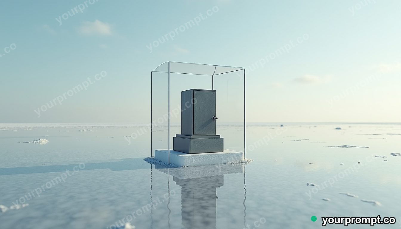 Rubber stamp cabinet sealed inside a transparent cube on a salt-flat horizon · impossible physics surreal — AI-generated image