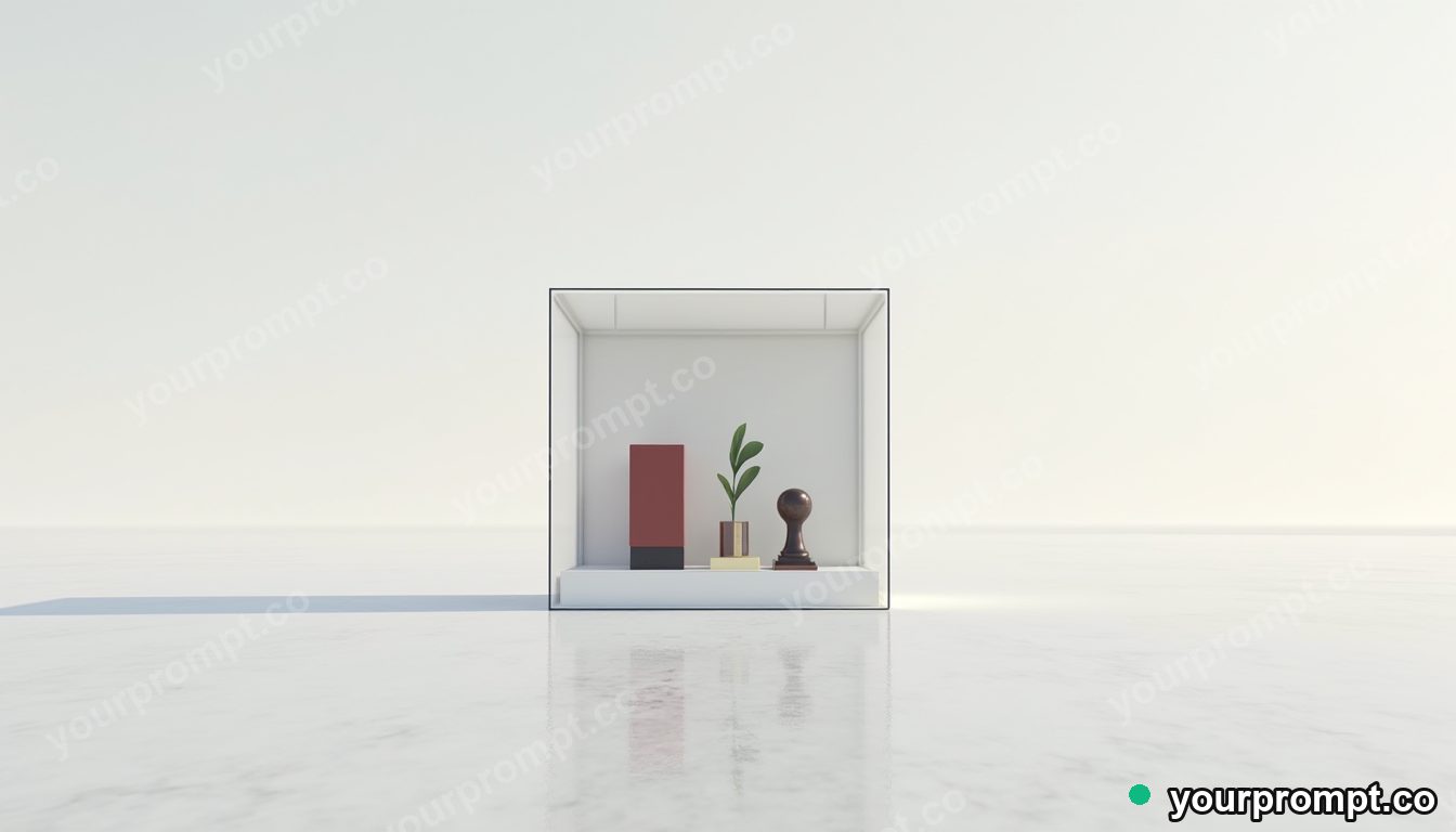 Rubber stamp cabinet sealed inside a transparent cube on a salt-flat horizon · minimal graphic geometry — AI-generated image